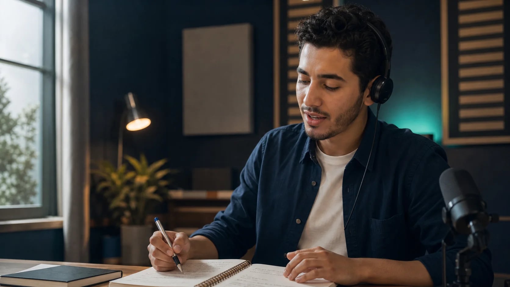 A learner practising spoken English with headphones, notes, and a studio microphone.